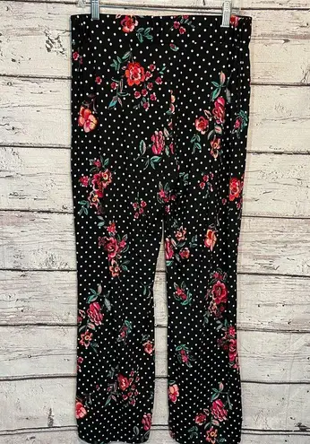 FLARE LEG PANTS Stretchy w Button Details Black w Dots & Flowers