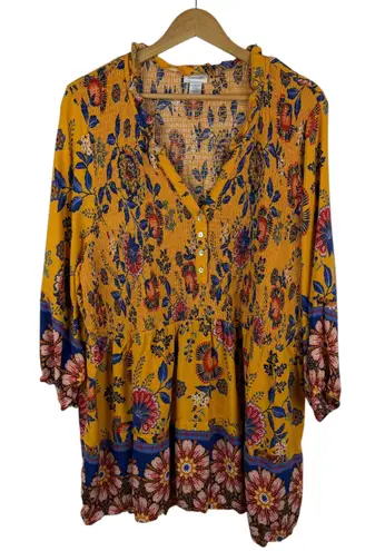 Avenue Smocked Floral Popover Tunic Top Size 26/28 Yellow Smocked Festival Boho