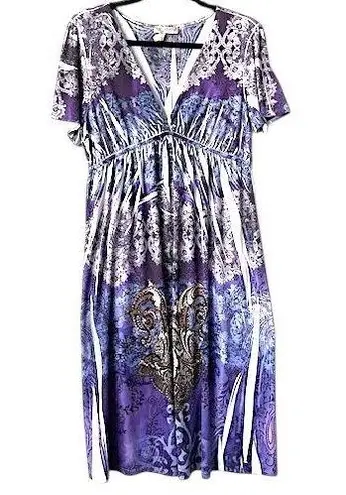 Purple Paisley Print Dress 2X Empire Waist Stretch Sequined Flowy Boho Festival