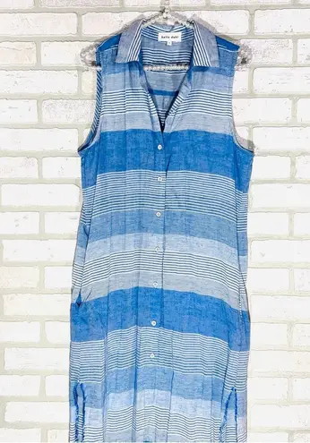 Bella Dahl Frayed Hem Duster Blue Striped Maxi Dress Linen Blend Size S