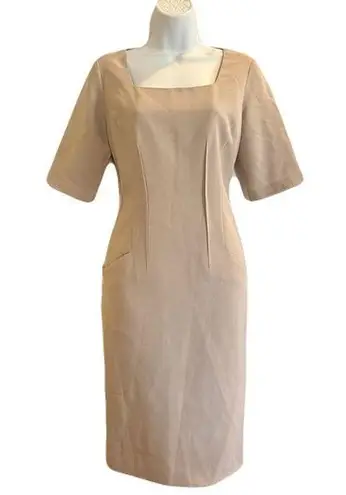 Lafayette 148 New York Nude 100% Wool Crepe Short Sleeve Dress, Size 6 Tan