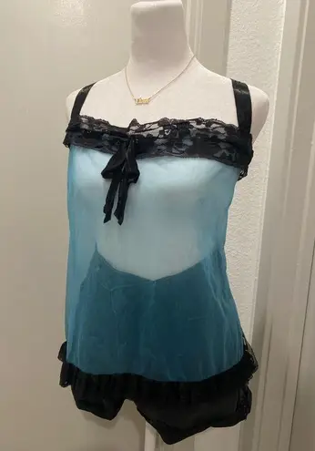 VTG 80s 90s Teal Blue & Black Lace Trim Coquettecore Babydoll Lingerie Tank Top Size XL