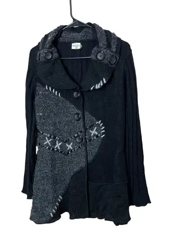 Sioni Studio Black Gray Patchwork Knit Cardigan Sweater Artful Boho L Size L