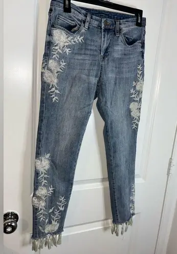 Coco + Carmen Embroidery Jeans Denim Floral Embroidery Tassel Trim End Caps S/M