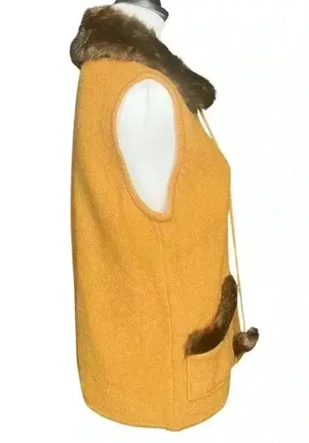 Vintage 90s Mustard 100% Boiled Wool Brown Faux Fur Collar Vest. Size Medium EUC Yellow