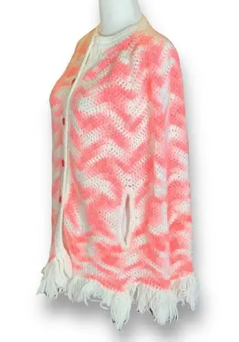 Vintage Hand Knit Chunky Knit Poncho Cape White Light Pastel Pink Zig Zag Stripe