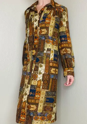 Vintage Brown & Gold Stained Glass Patchwork Shirt Midi Dress Size M
