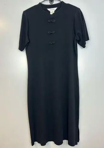 Misook Black Cheongsam Mandarin Collar Black Midi Dress Size M