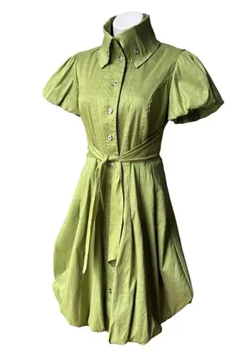 Frank Lyman Design Celery Green Bubble Hem Puff Sleeve Button Down Belted Dress Size 6