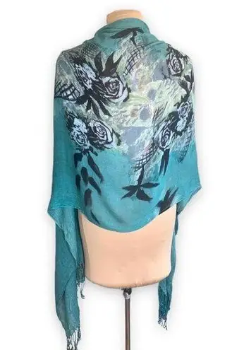 None Sarong Scarf Bright Turquoise Black Rose Floral Fringe Boho Gypsy Colorful