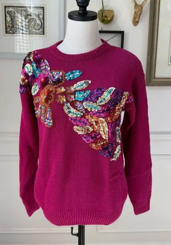 Vintage Western Connection Bedazzled Bling Sequin Sweater Magenta S Pink
