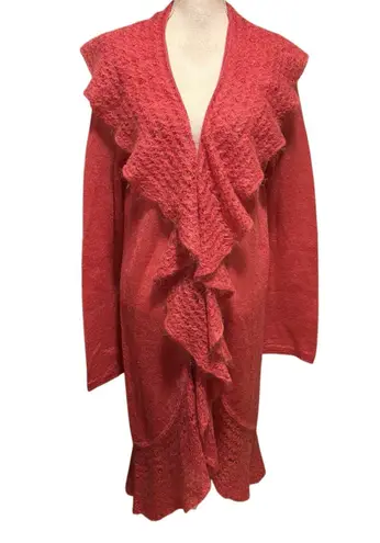 Moda International Size XL Duster Cardigan Sweater Mohair Ruffled Whimsical Pink