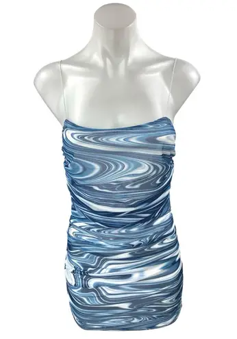 Et Clet Blue Swirl Marble Print Sleeveless Strapless Mini Tube Bodycon Dress S