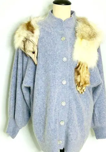 Rare Vintage Kamiran Gray Angora Button Up Sweater w/Full Taxidermy Fox Medium Blue