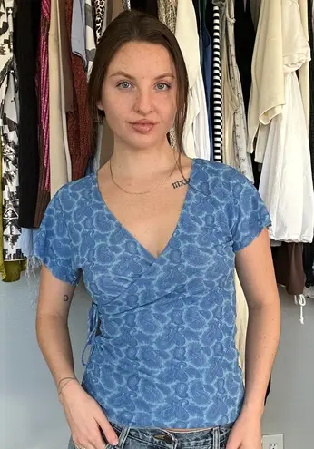 Sweet Pea Blue Paisley Mesh Wrap Top