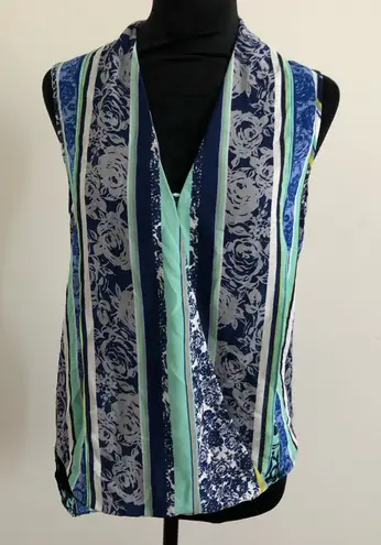 Three Eighty Two Women's Blue Striped Floral Print Sleeveless Blouse, Size Small - Image 1