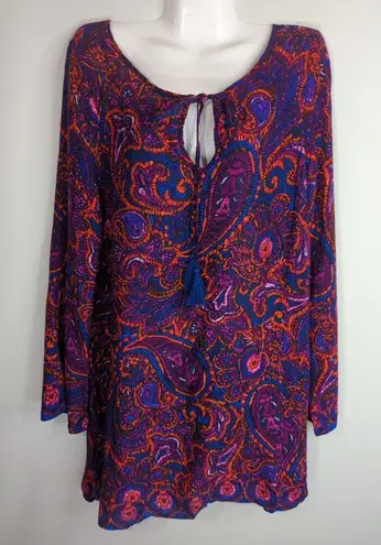 Mabel Navy Orange & Blue Paisley Tasseled Neck Tunic Top Women Large Boho NWT