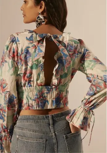 By Anthropologie Boho Tie Back Floral Ruffle Long Sleeve Crop Top Women's Small White