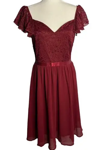MissMay Retro Lace Chiffon Swing Dress L Wine Red Flutter Sleeve Lined Zip NEW Size L