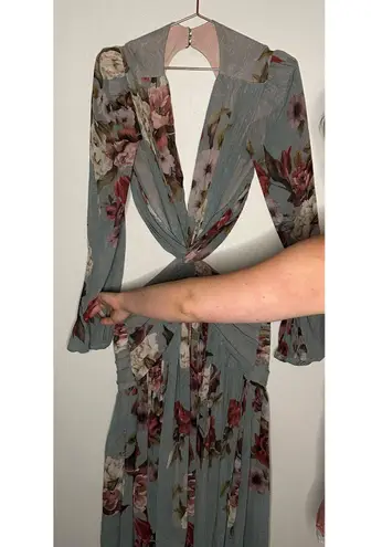 PatBo Peony Print Cutout Midi Crepe Long Sleeve Blue Pink Dress US Size 12