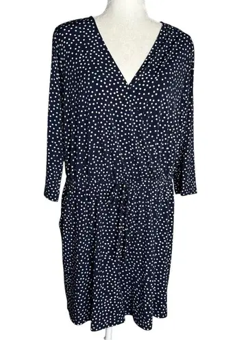 Kalileigh Navy Blue Polka Dot Romper 1X V Neck 3/4 Sleeve Elastic Waist Pockets White