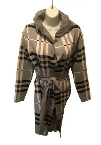 Papillon Plaid Knit Hoodie Cardigan Belted Black White Gray Size S