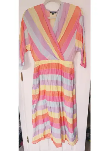 Tara Jarmon Rainbow Stripe Midi Dress Small Dopamine Dressing Parisian Pastel Pink