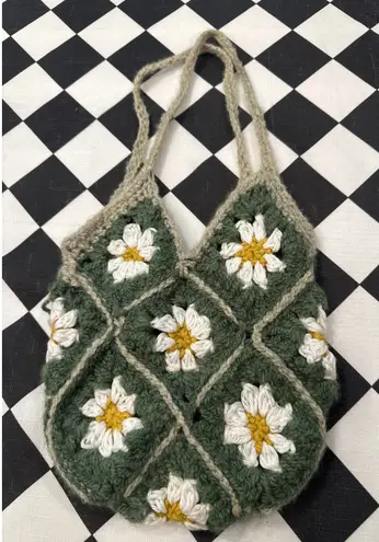 Handmade Crochet Daisy Flower Tote Bag Green White Yellow Boho Granny Square