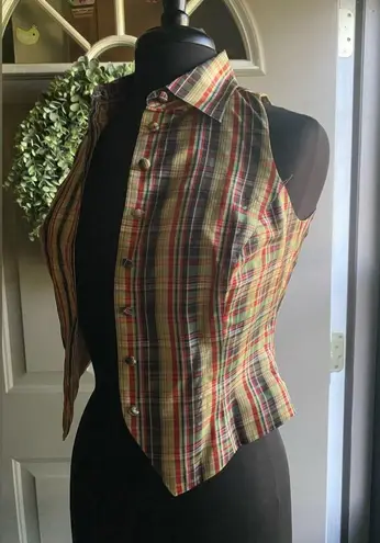 Vintage Limited sleeveless silk taffeta plaid button down blouse, size XS