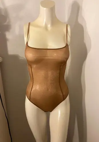 SKIMS Size Medium Glissenette Chai Scoop Neck Sheer Bodysuit Shimmery Golden