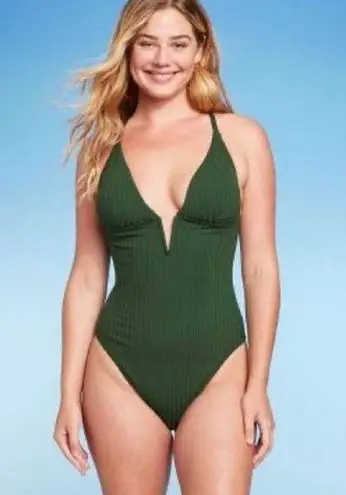 Shade & Shore Women’s Ribbed Plunge Front V-Wire Dark Green One Piece Swimsuit NWOT Size‎ XL