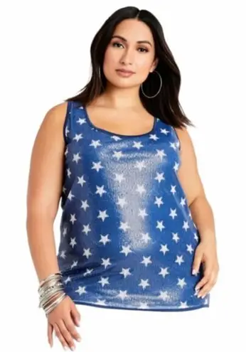 Ashley Stewart NEW Sequin Stars Scoop Neck Tank, White on Blue, 1X