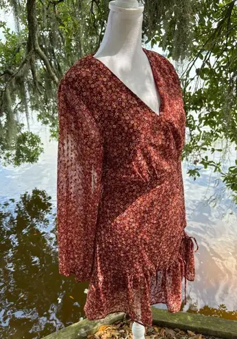 Lush Clothing Lush Size Small Burgundy Print Long Sleeve Dress Brick Floral