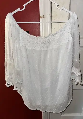 Off the Shoulder Eyelet 3/4 Sleeves Loose Fit Peasant Blouse White Size XL