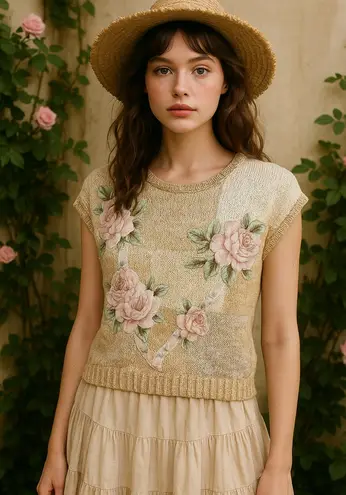 Vintage Floral Appliqué Knit Cottagecore Sweater Vest Top Pink Size M