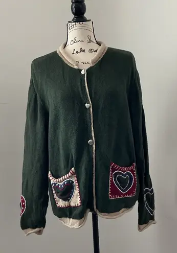 Christopher & Banks Vtg Hand-Embroidered Heart – Forest Green Folk Art SweaterXL