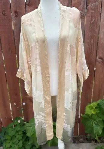 Vintage Natori 100% Silk Peach & Purple Ombré Floral Kimono Size Small Pink