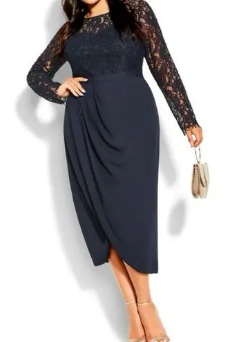 City Chic Elegant Long Sleeve Lace Tulip Hem Dress in Navy SZ M 18 NWT