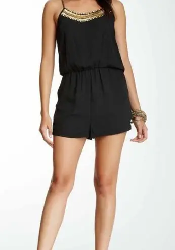 Women's Sleeveless Scoop Embellished Neck Romper Playsuit Size S Casual Festival Black