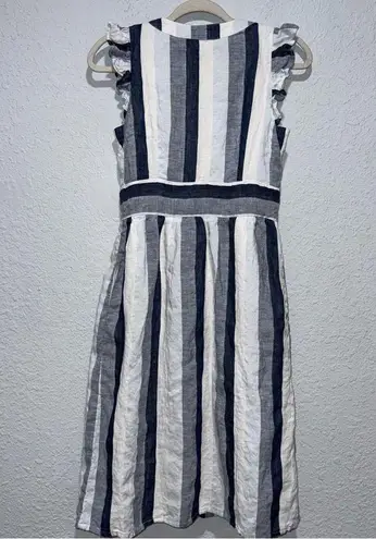 Point Sur Linen Midi Dress Striped Button Front Ruffle
Shoulder Preowned Size 2 White