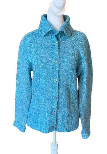 LL Bean Vintage Wool Blend Confetti Cable Knit Cardigan Sweater Womens Medium Blue