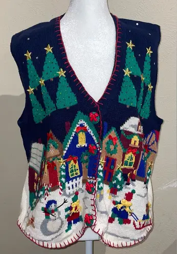 Belle Pointe NWT Women’s Size M Navy Christmas Village Scene Sweater Vest Winter Blue Size M - Image 1