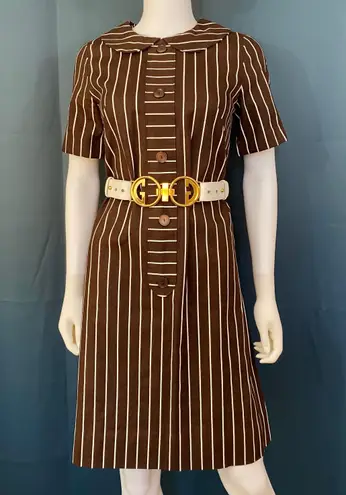 Vintage 60s Peter Pan Collar Chocolate Striped Dress Multi Size M