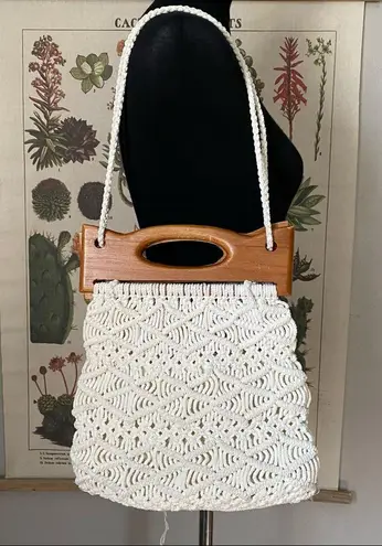 Whimsigoth Boho Cream Macramé & Wood Purse White