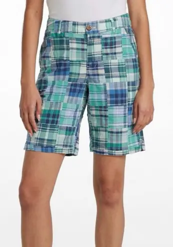 LL Bean Green Blue Plaid Madras PatchworkFavorite Fit Bermuda Shorts Size 10