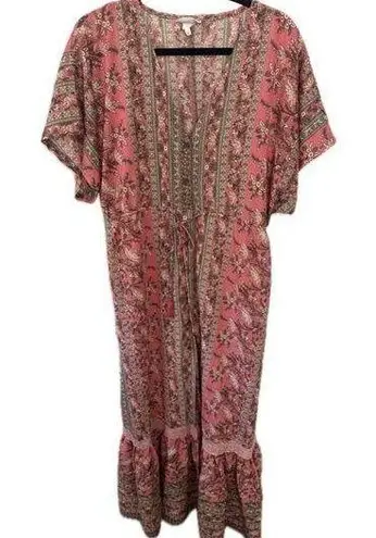 Boemo Bohemian Kaftan Floral Button Down Drawstring Tassel Midi Maxi Dress M Size M