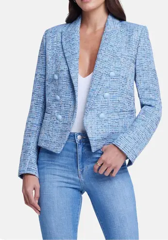 L'Agence Women's Chambray Blue Tweed Double Breasted Blazer Jacket