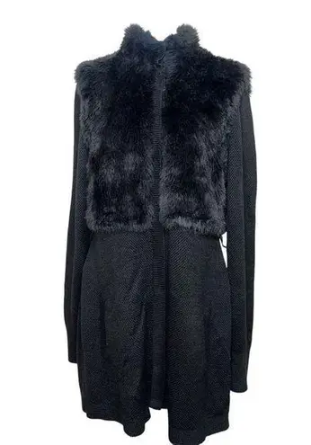 Tahari Wool Faux Fur Full Snap Long Black Mixed Media Sweater Shacket Size Small
