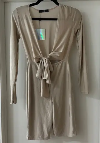 Missguided NWT Beige Stretch Long-Sleeve Unitard with Tie Front, Size 4
