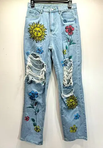 SheIn Destroyed Light Denim Sun & Tropical Flower Print High Rise Straight Leg Jeans